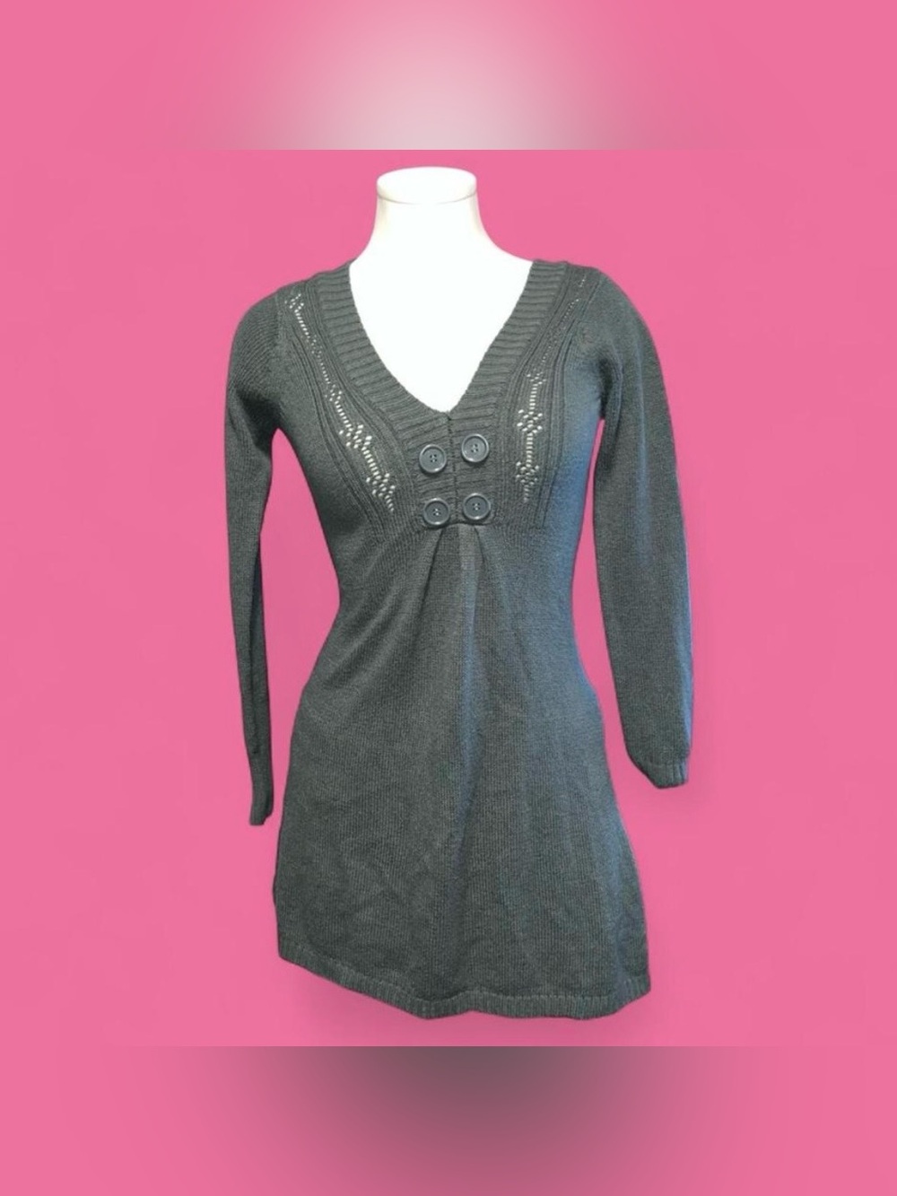 Long Sleeve V-Neck Knit Dress with Button Detail - Gray